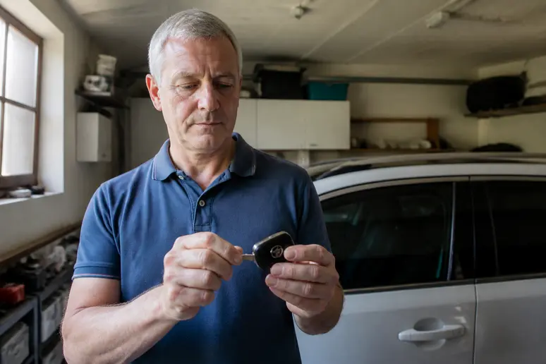 Un homme d'âge mûr en France retire la clé de secours de sa carte Renault pour l'ouvrir.