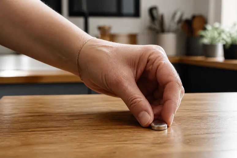 Une main tient une pile bouton CR2032, prête à être installée dans une carte de démarrage Renault.