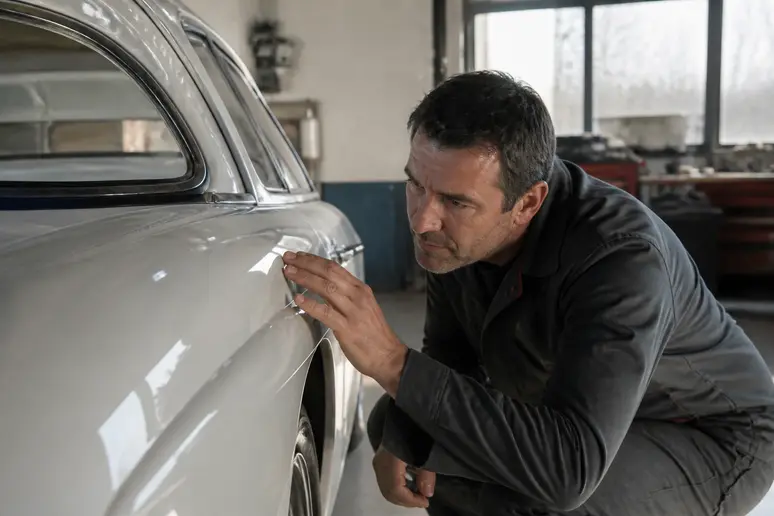 Un homme d'âge mûr examine minutieusement la carrosserie d'une voiture ancienne dans un garage lumineux.
