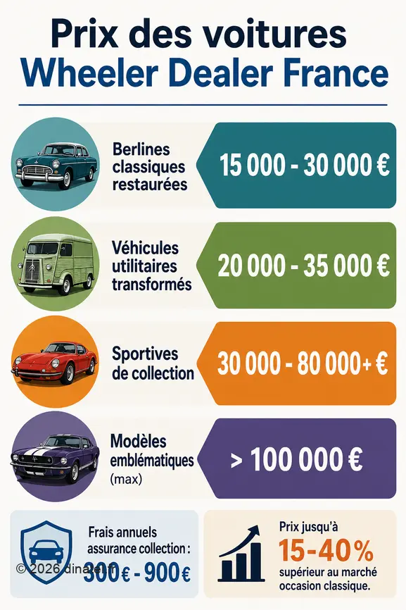 Comparaison des prix des voitures Wheeler Dealer France, des berlines aux modèles emblématiques, et coûts annexes.
