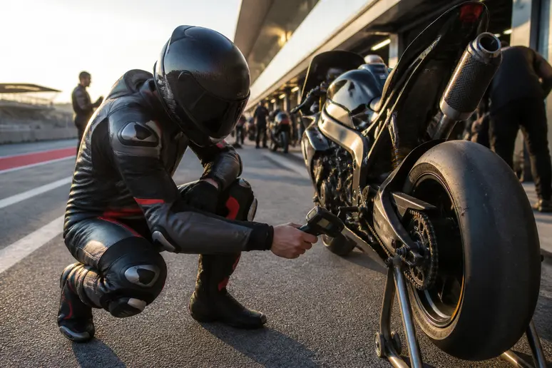 Pilote vérifiant la température de son pneu de moto sur une piste de course française.
