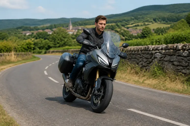 Un motard européen teste une moto de sport-tourisme sur une route de campagne vallonnée.
