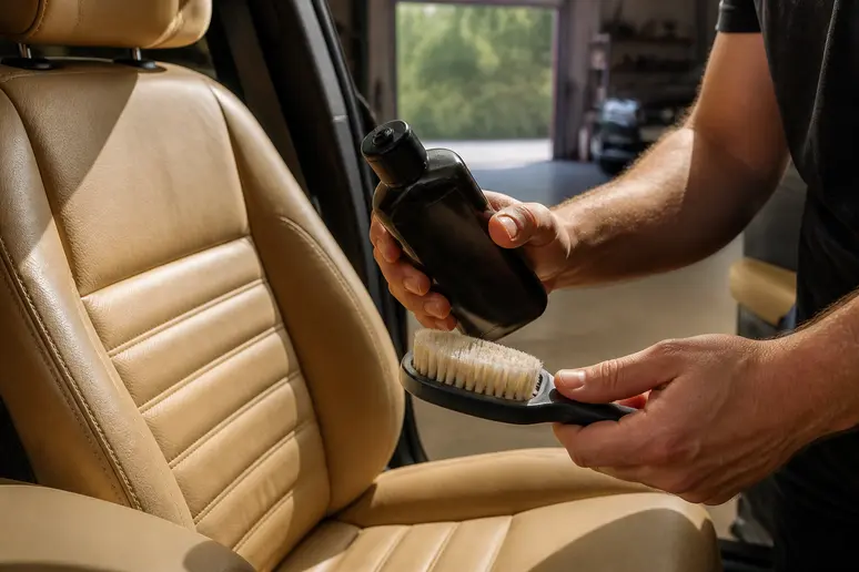 Mains d'un homme tenant un nettoyant cuir et une brosse douce, prêt à entretenir un siège de voiture.