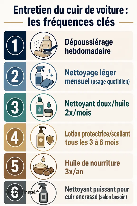 Fréquences recommandées pour l'entretien du cuir de voiture : dépoussiérage, nettoyage, protection et nutrition.