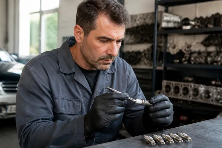 Un mécanicien français examine attentivement des bougies d'allumage dans un garage bien éclairé.