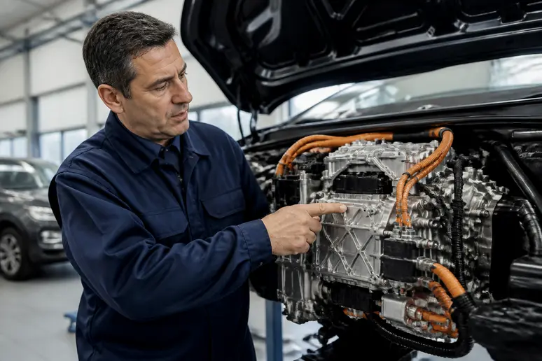 Un mécanicien français montre un module électronique complexe d'une voiture électrique dans un atelier.