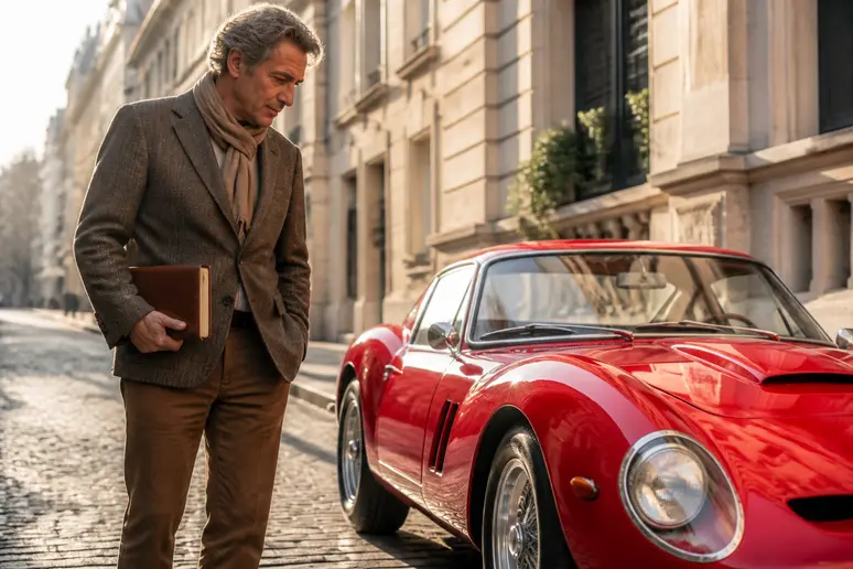 Collectionneur parisien admirant une Ferrari 250 GTO rouge sur une rue pavée.
