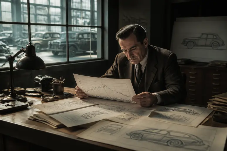 Un homme d'affaires français examine des plans de fabrication, évoquant les erreurs stratégiques de l'american-motor-company.