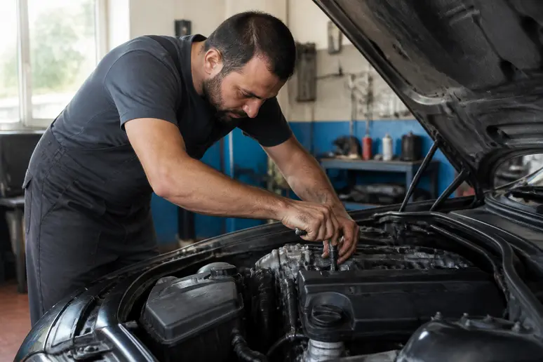 Mécanicien français en action sur un moteur bmw-m57tu lors d'un entretien automobile dans un garage.