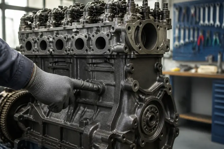 Gros plan sur la fiabilité du bloc moteur fonte du bmw-m57tu dans un atelier en France.
