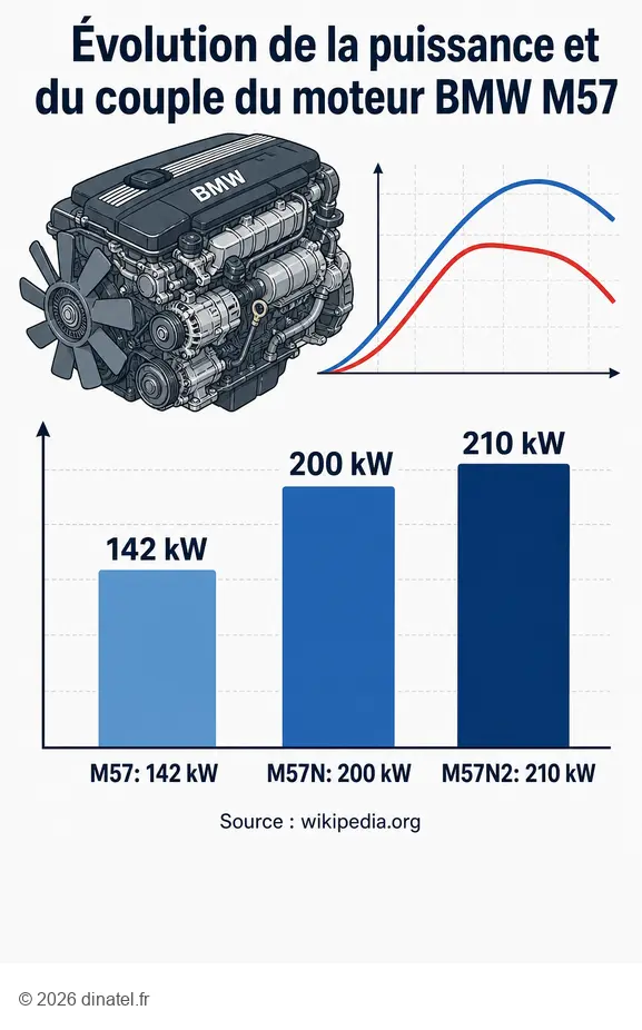 Infographie comparant la puissance moteur bmw-m57tu : M57, M57N, M57N2.