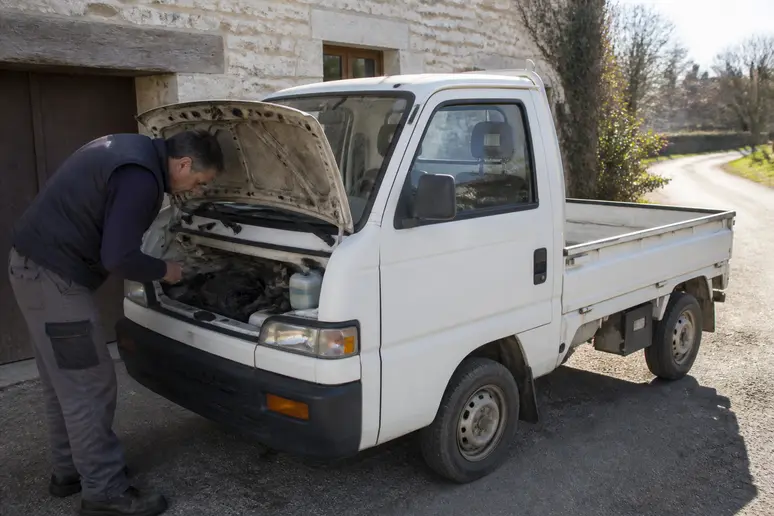 Un Français examine un honda-acty d'occasion près d'un village rural.