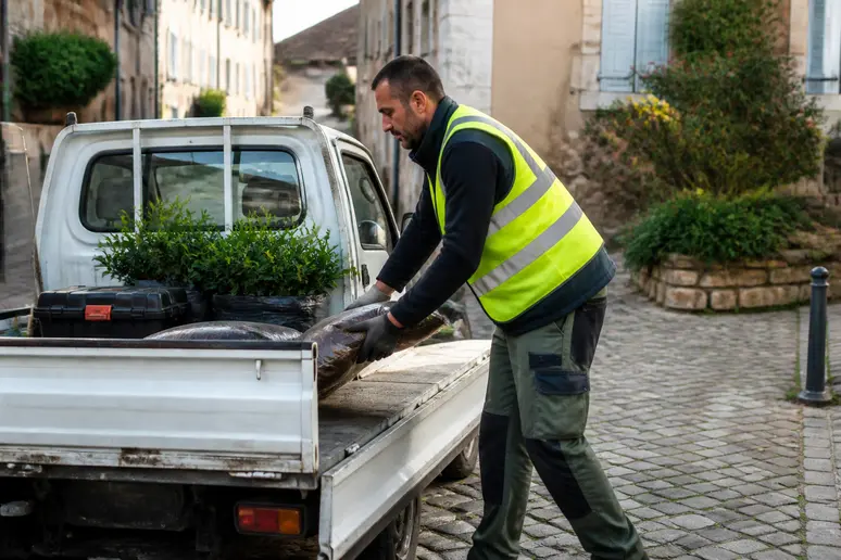 Chargement d'outils dans un honda-acty pour des besoins professionnels.