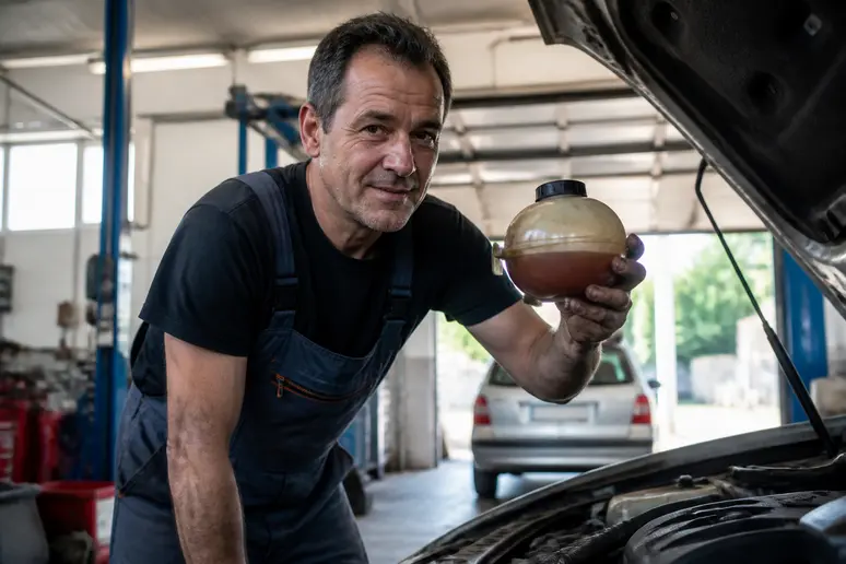 Un mécanicien français examine un liquide de refroidissement marron inquiétant dans un garage moderne.