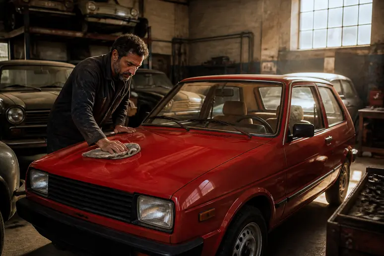 Mécanicien français bichonnant une ancienne marque de voiture en Z, une Zastava Yugo dans un garage.