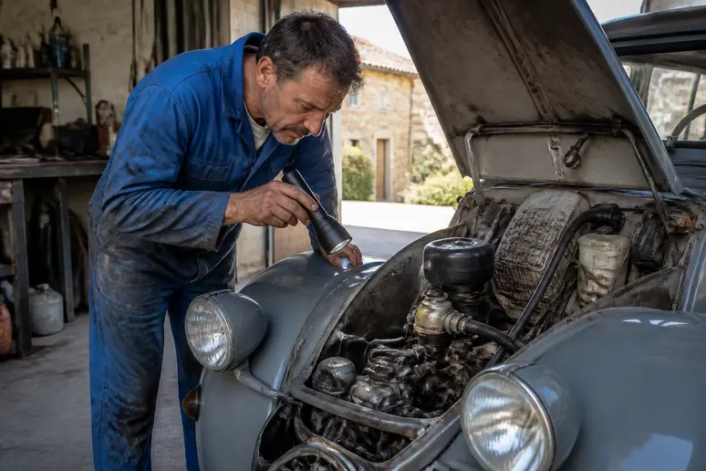 Un mécanicien français examine le circuit de refroidissement d'une voiture ancienne dans un atelier rural, sous une lumière naturelle.