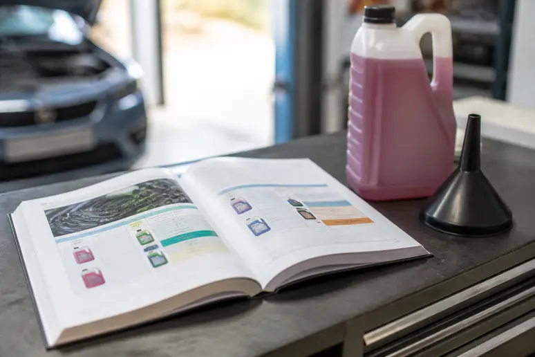 Manuel d'entretien de voiture française ouvert sur une page de spécifications de liquides, à côté d'une bouteille de liquide de refroidissement.