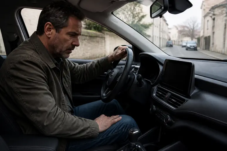 Un homme regardant le tableau de bord d'une voiture en mode économie actif sans démarrer.