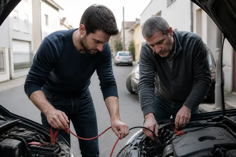 Deux hommes connectant des câbles de démarrage pour une voiture en mode économie actif.