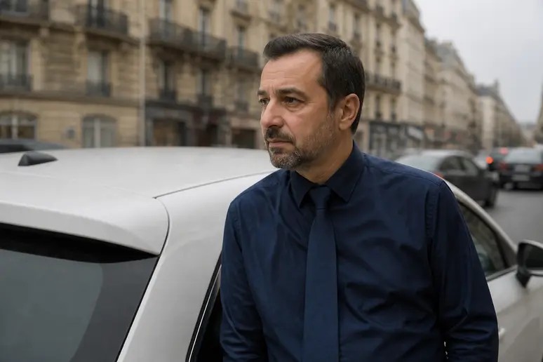 Un chauffeur de taxi parisien réfléchit au prix-licence-taxi, dans une rue typique de la capitale française.