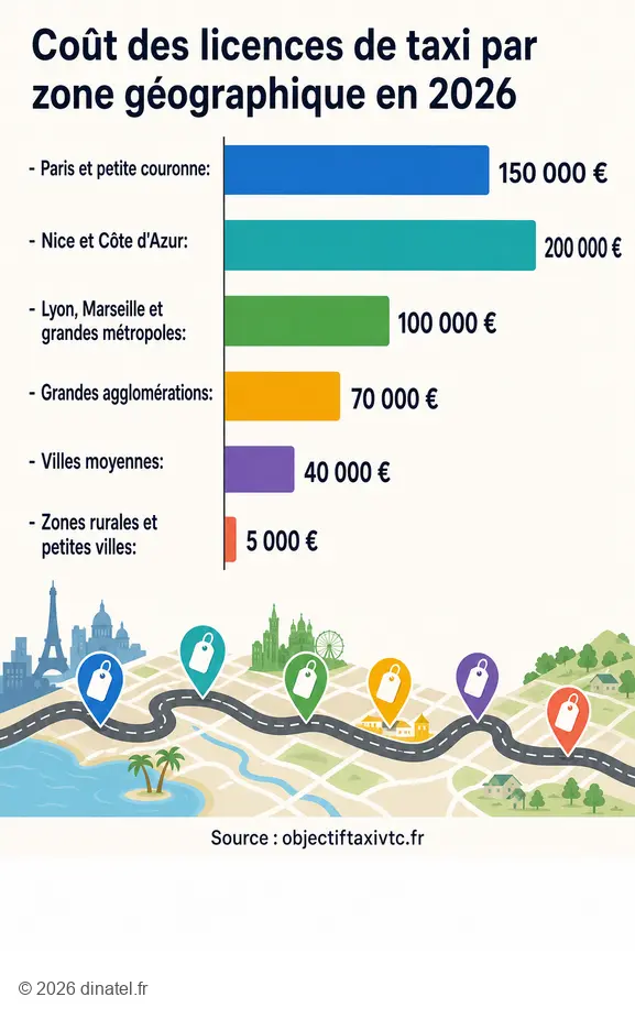 Comparaison du prix de licence de taxi en France par zone géographique en 2026.