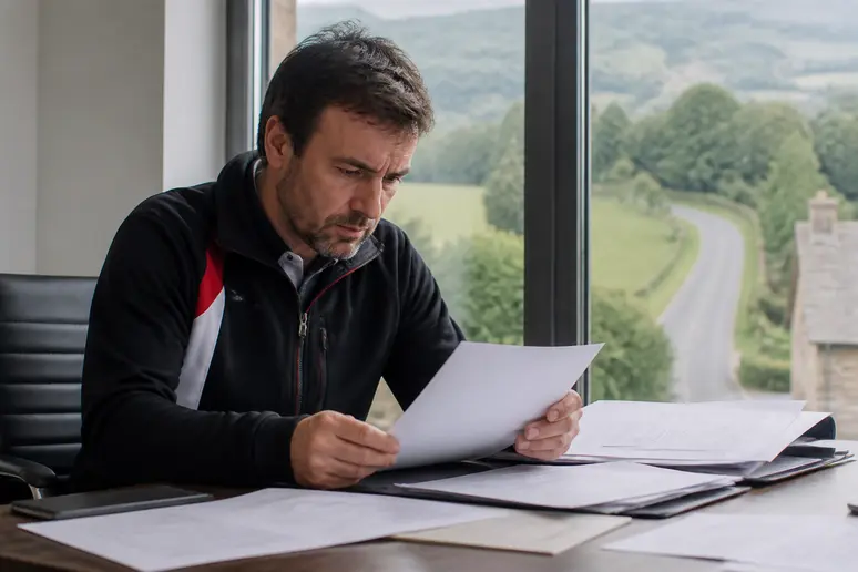 Sébastien Loeb examine des contrats financiers dans son bureau, reflet de sa carrière de pilote de rallye prospère.
