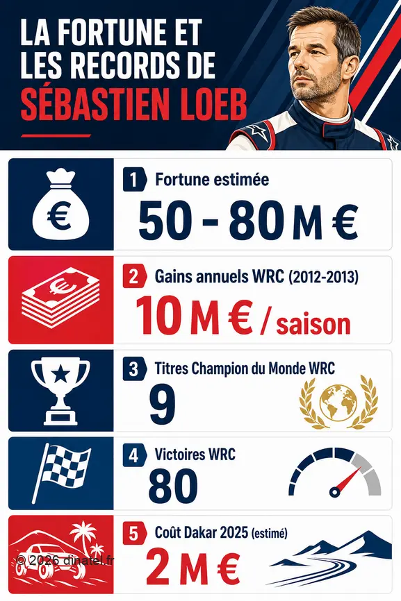 Infographie présentant la fortune estimée et les records sportifs impressionnants de Sébastien Loeb dans le monde du rallye.