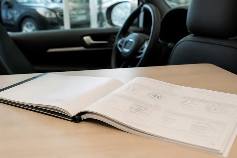 Gros plan sur un livret de garantie de voiture et son historique de service, symbolisant la sécurité de l'achat.