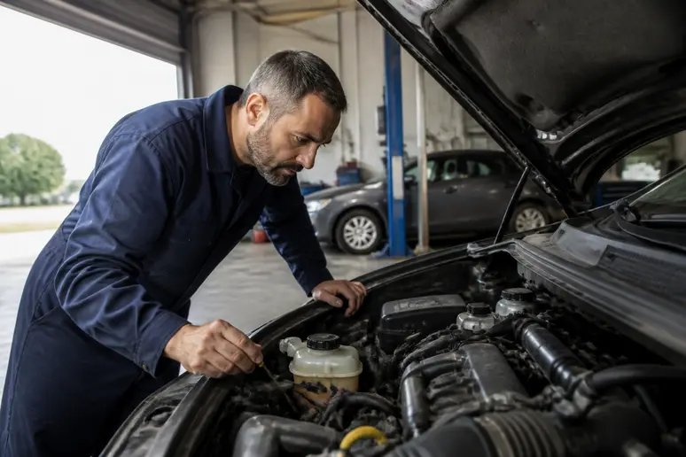 Mécanicien examinant un moteur de voiture-premiere-main-cause-deces, état et entretien.