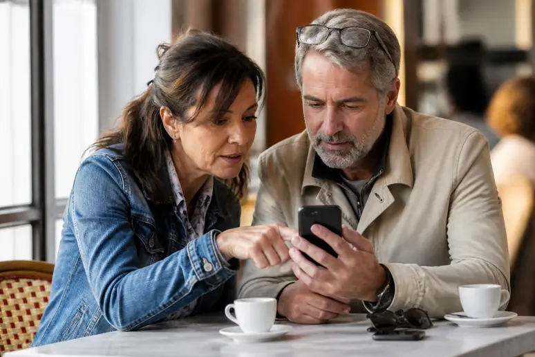 Couple français examinant attentivement les avis sur leur smartphone dans un café, discutant des détails pour une location.