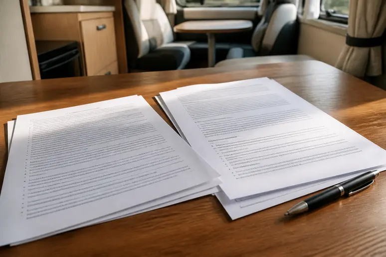Documents de contrat de location et d'assurance pour camping-car, posés sur une table en bois avec un stylo, sous lumière naturelle.