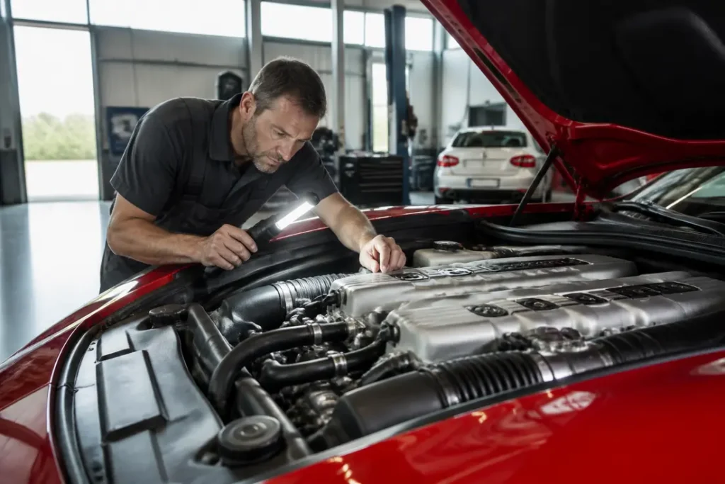 Un mécanicien inspecte le moteur d'une ferrari 599 gtb fiorano fiche technique dans un atelier lumineux