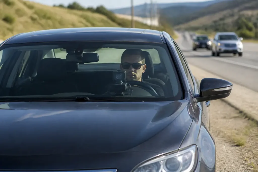 Une voiture radar stationnée au bord de la route pour comprendre a quelle distance flash une voiture radar en circulation.