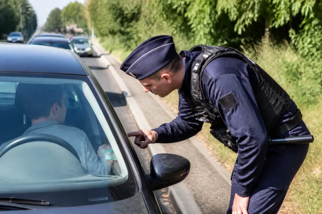 Un agent de police vérifie la validité d'une amende pour controle technique sur le pare-brise d'une voiture.