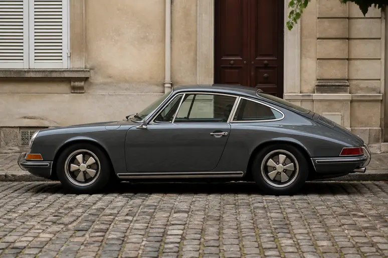 Ancienne Porsche classique garée le long d'une rue pavée européenne en lumière naturelle