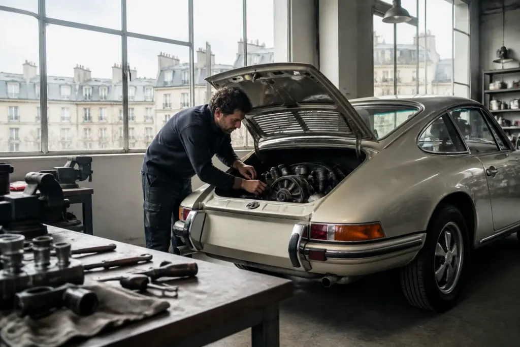 Ancienne Porsche : modèles, cote et annonces à vendre Un mécanicien inspecte le moteur d'une ancienne porsche dans un atelier lumineux