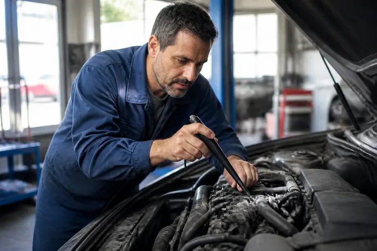 Mécanicien français diagnostiquant un moteur bmp 2.0 tdi 140 ch dans un garage propre.