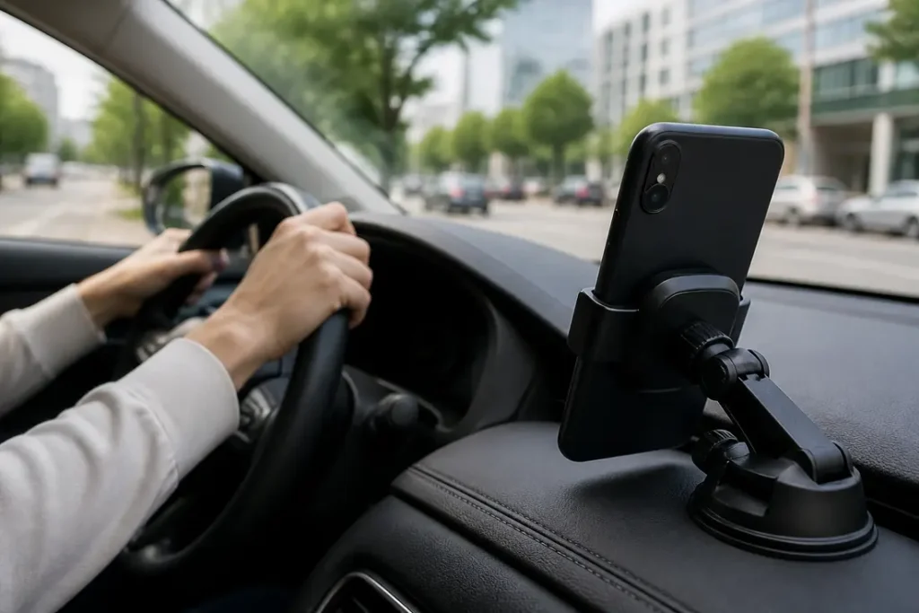 Un smartphone fixé sur le tableau de bord d'une voiture en circulation avec camsam