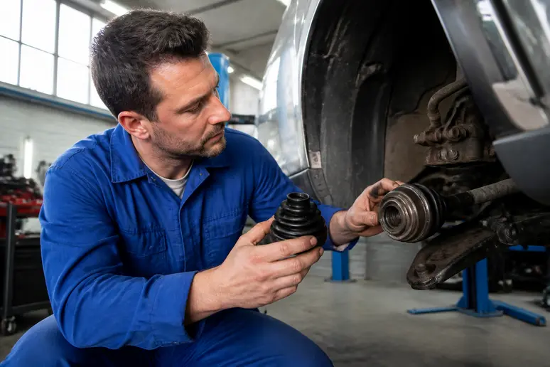 Mécanicien vérifiant un capuchon anti poussiere transmission lors d'un diagnostic automobile.