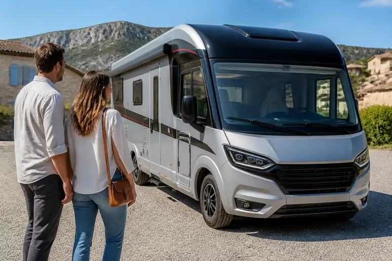 Couple découvrant le budget d'un Challenger X150, achat potentiel.