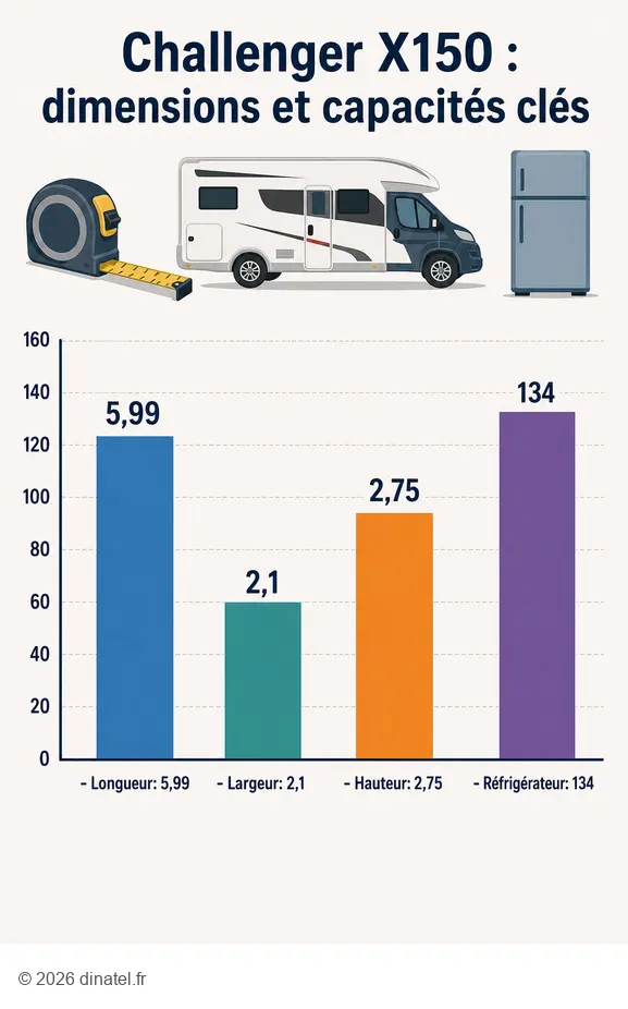 Comparaison des dimensions du Challenger X150 : longueur, largeur, hauteur et capacité du réfrigérateur.