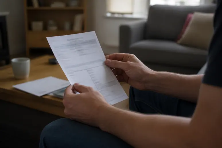 Un usager consulte son avis de contravention papier pour identifier les informations nécessaires à la recherche d'amendes en cours.