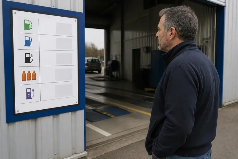 Homme regardant les tarifs d'un controle technique sur voiture neuve, prix affichés.