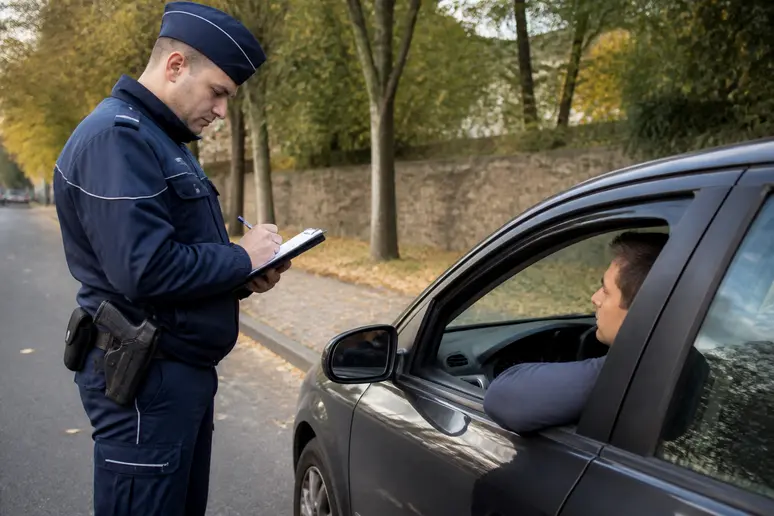 Agent de police verbalisant un conducteur pour défaut de controle technique sur voiture neuve.