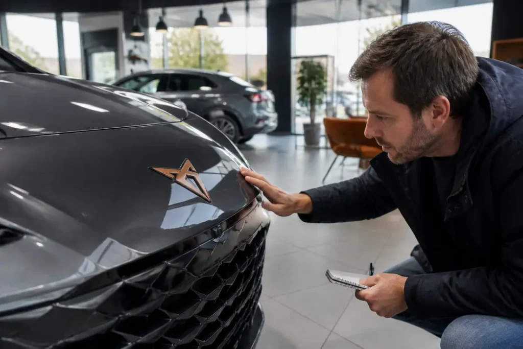 Cupra voiture origine visible sur un modèle sportif garé dans un showroom lumineux