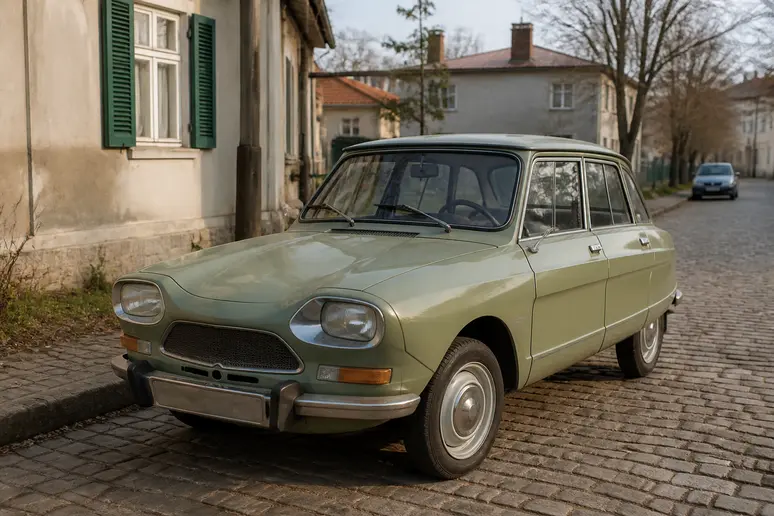 Une ancienne berline DAF convertie en Volvo stationnée dans une rue pavée.