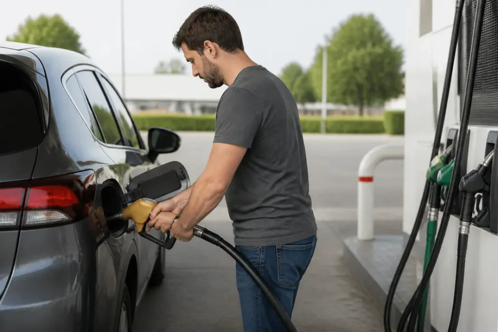 Un automobiliste faisant le plein de carburant avec du diesel excellium dans une station-service.