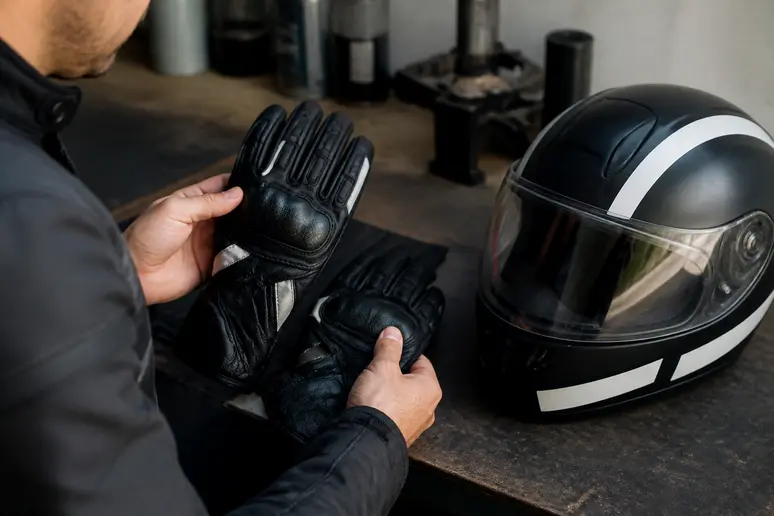Vérification des gants de protection certifiés et du casque moto avant de prendre la route