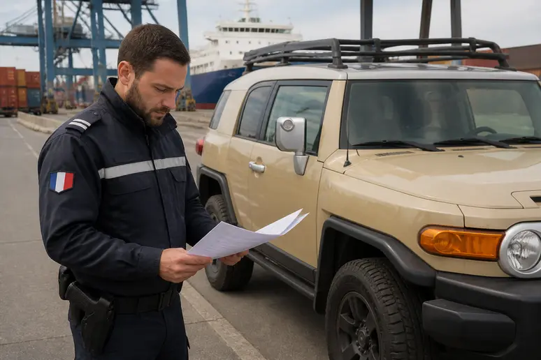 Agent des douanes examinant des papiers près d'un fuji cruiser lors de son importation en France.