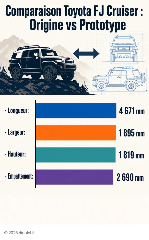 Comparaison des dimensions clés du Toyota FJ Cruiser original et de son nouveau prototype